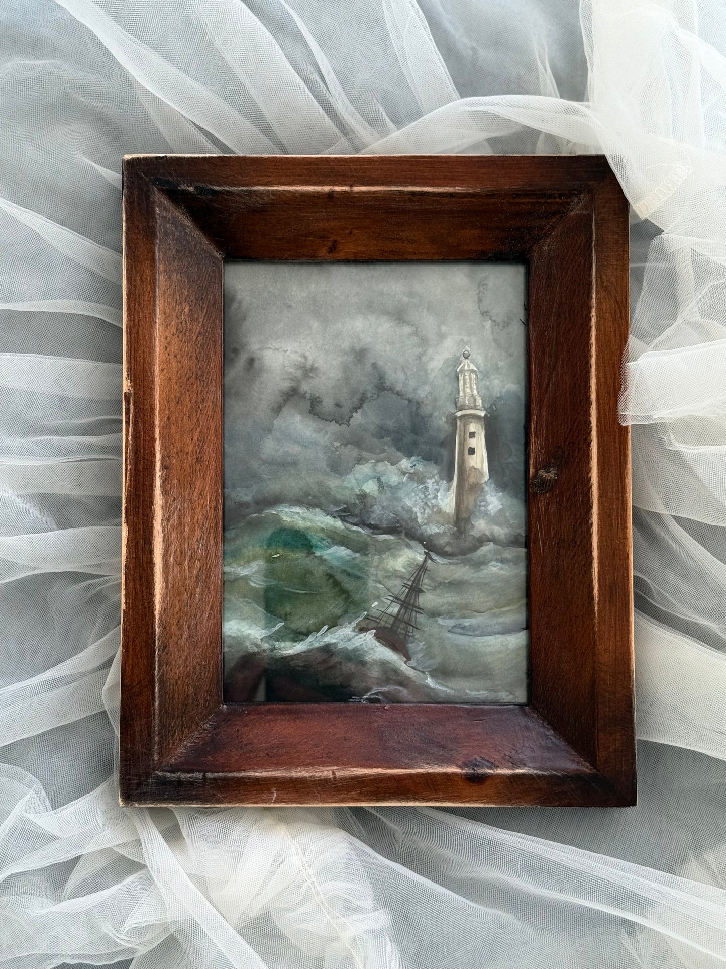 Water Colour Stormy Lighthouse and Boat - Linda Titow