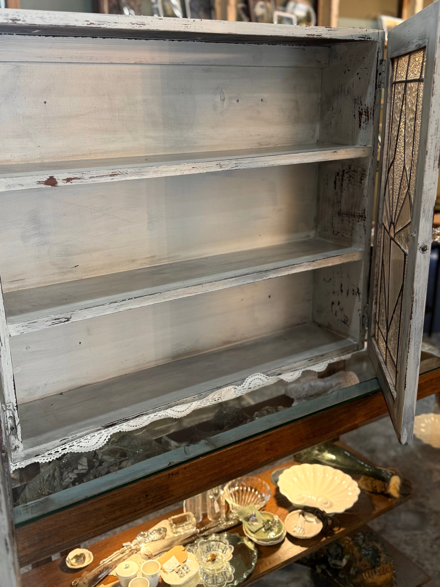Vintage Lead-light Glass Wall Cabinet