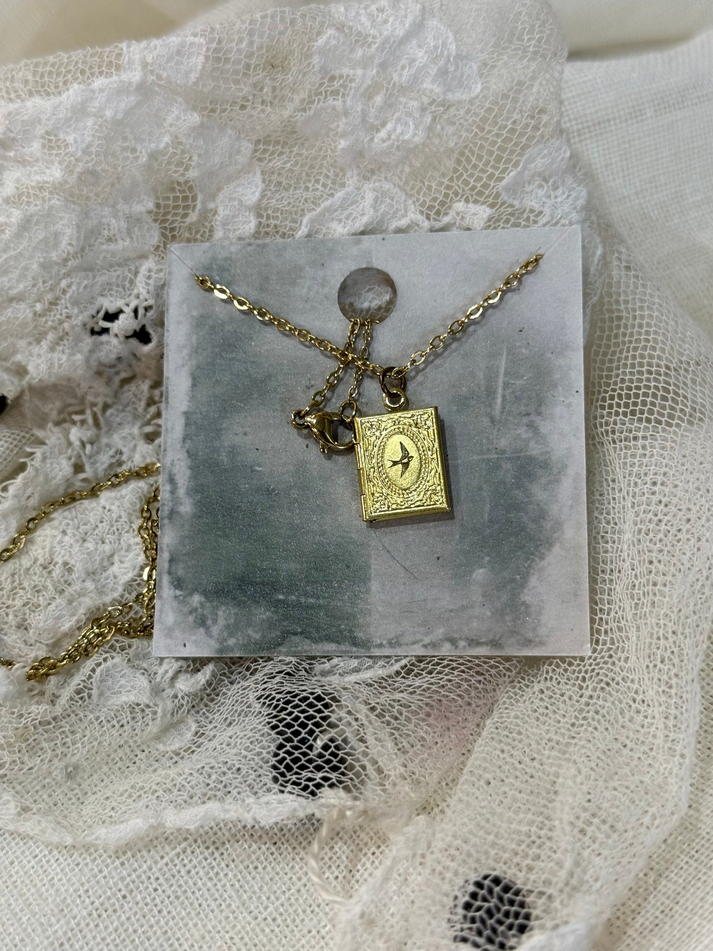 Engraved Bird Swallow Book Locket with Message - brass