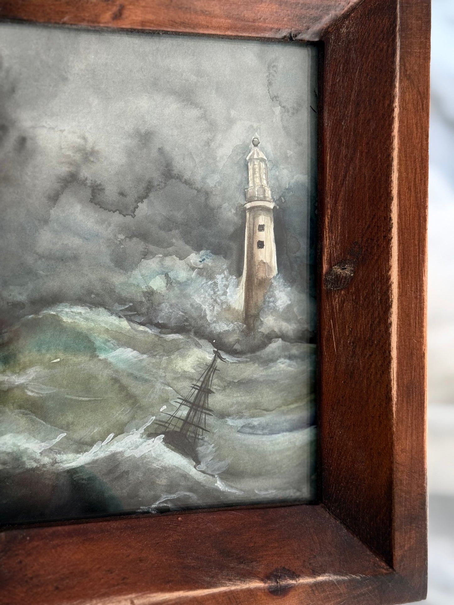 Water Colour Stormy Lighthouse and Boat - Linda Titow