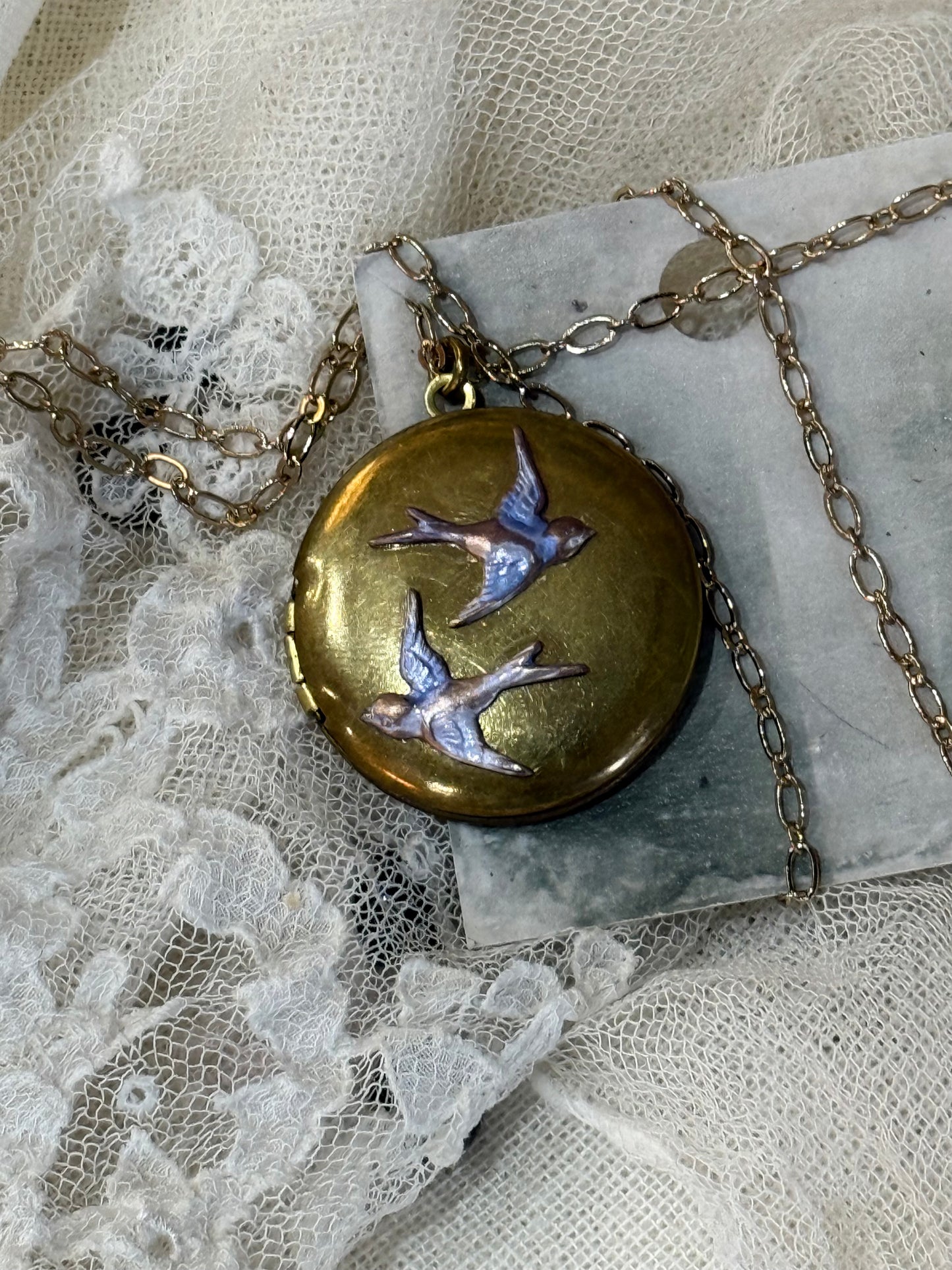 Antique Style Swallow Locket - 2 bird