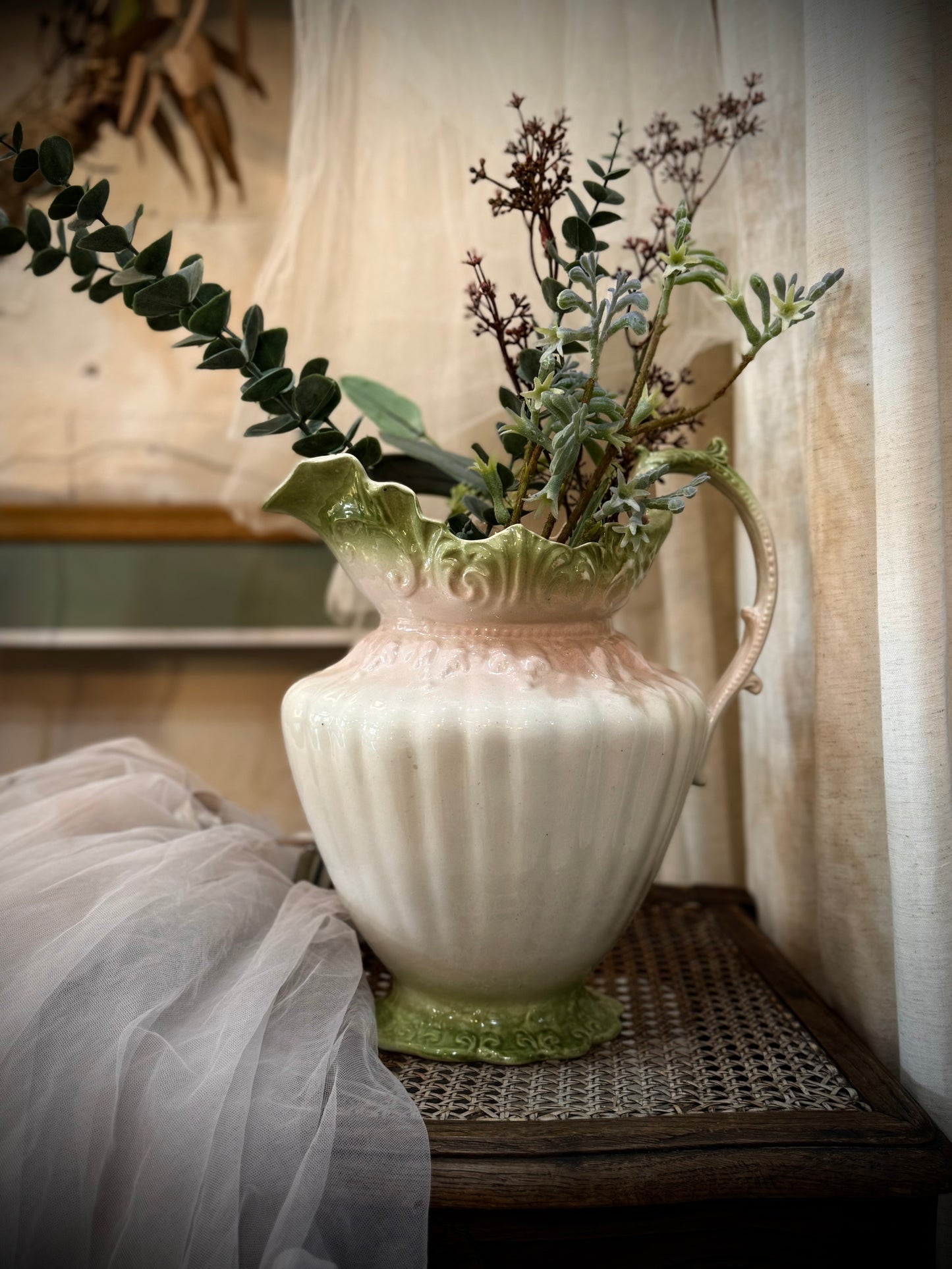 Large Antique Jug - mint green and pastel pink