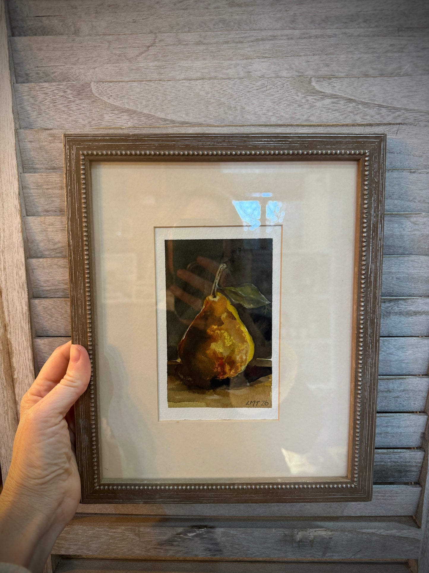 Water Colour; Pear, golden light - framed - Linda Titow