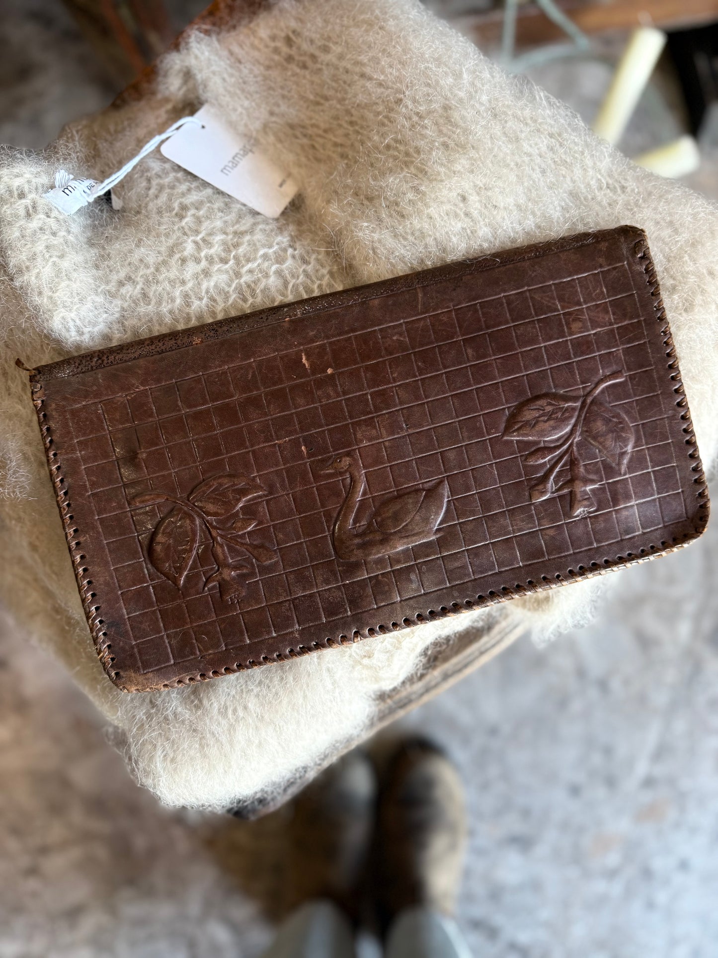 Vintage Tooled Leather Clutch - Swan