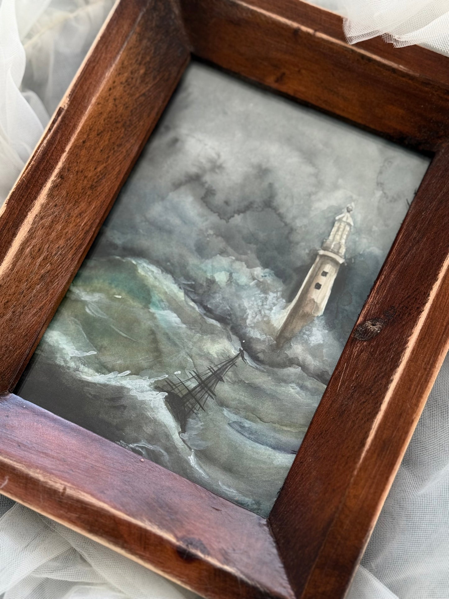 Water Colour Stormy Lighthouse and Boat - Linda Titow