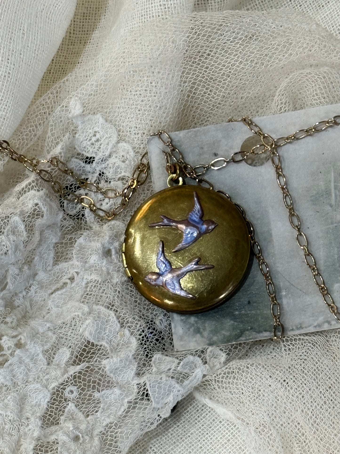 Antique Style Swallow Locket - 2 bird