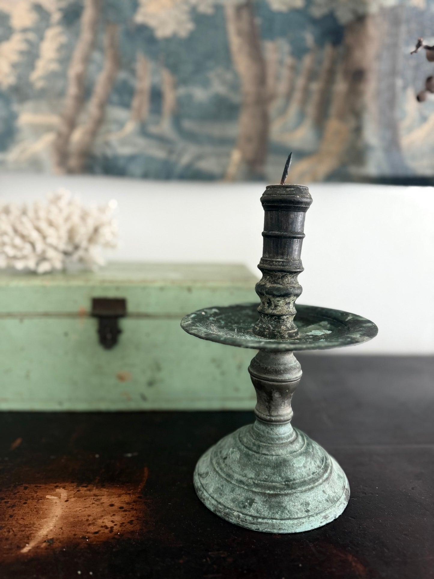 Heavy Antique Candlestick - Green Patina