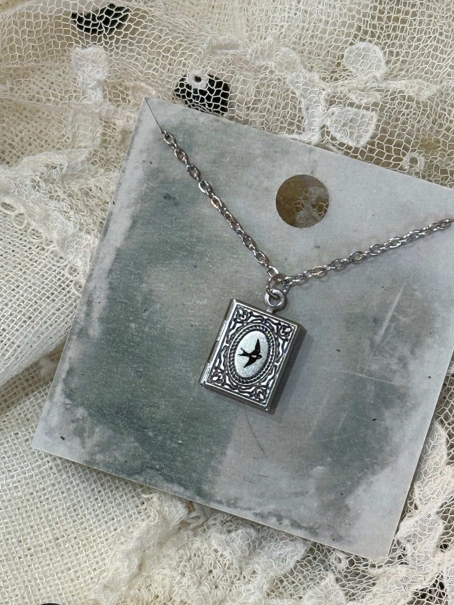 Engraved Bird Swallow Book Locket with Message - silver