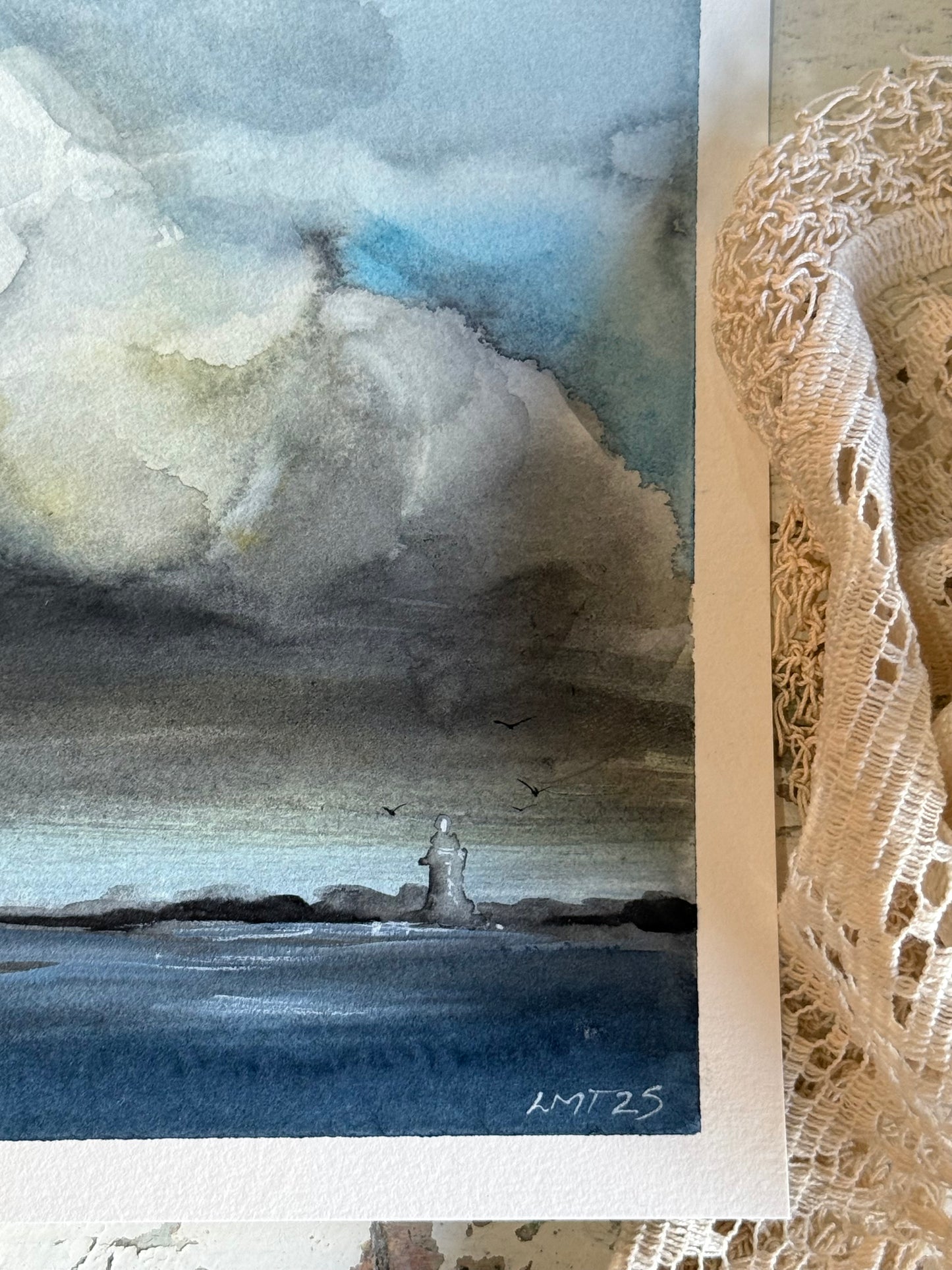 Water Colour; Lighthouse in the Clouds - unframed - Linda Titow