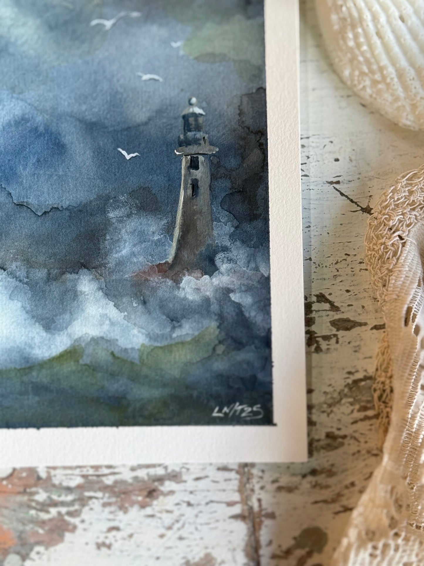Water Colour; Stormy Lighthouse - unframed - Linda Titow