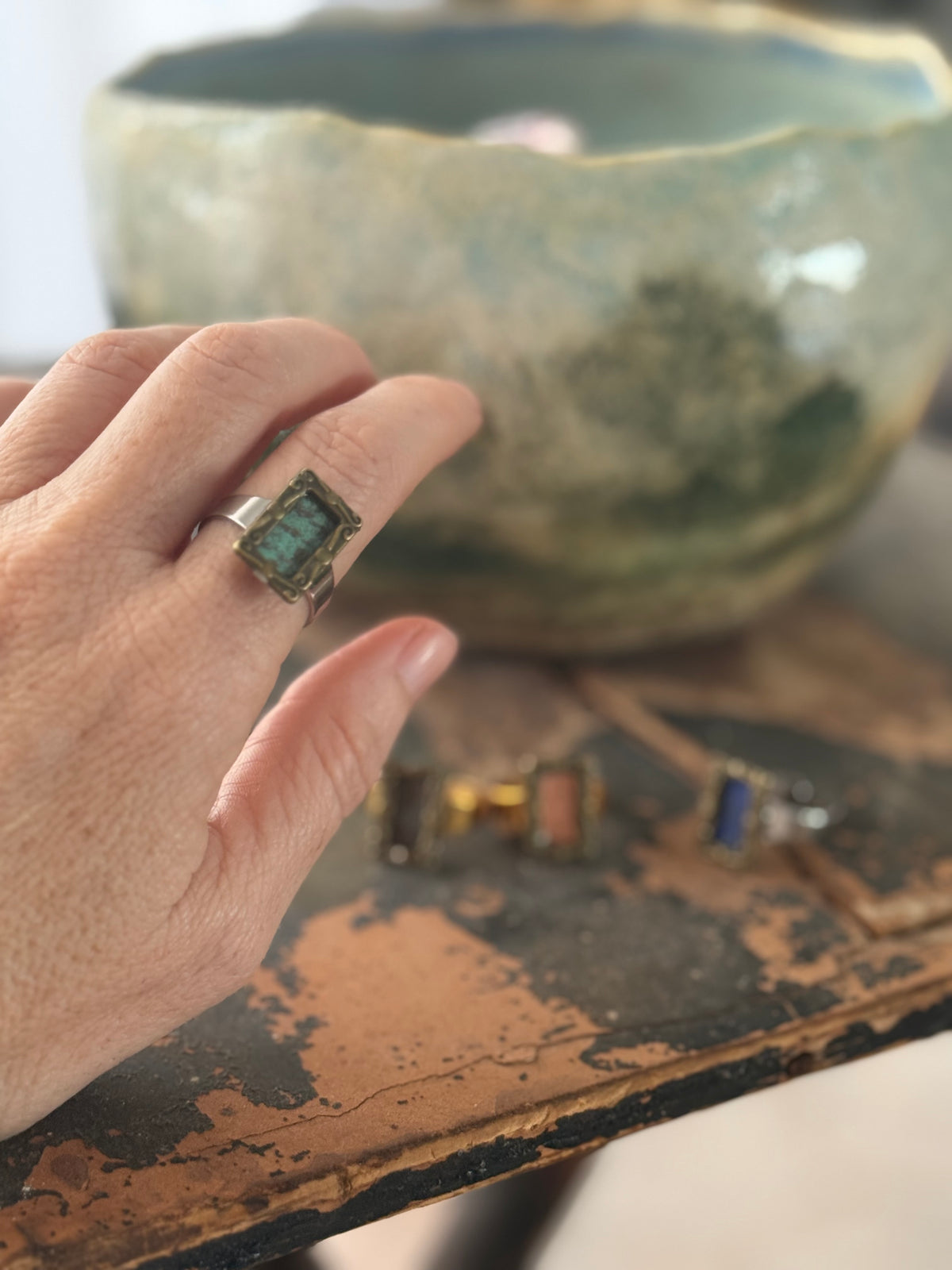 Art Jewellery - Salvaged Metal Antique Frame Ring - Green Patina