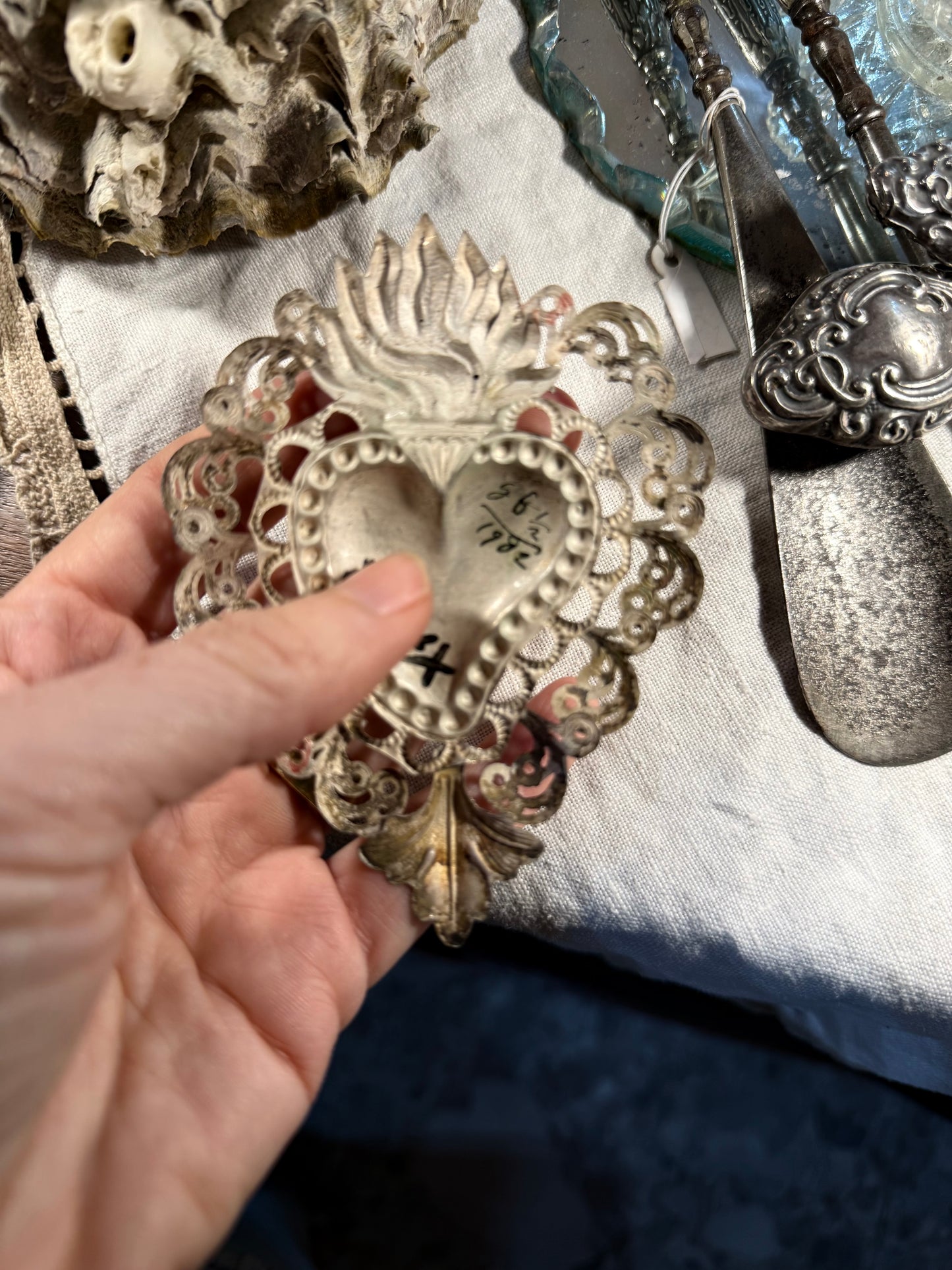 Old French Silver Sacred Heart - 1