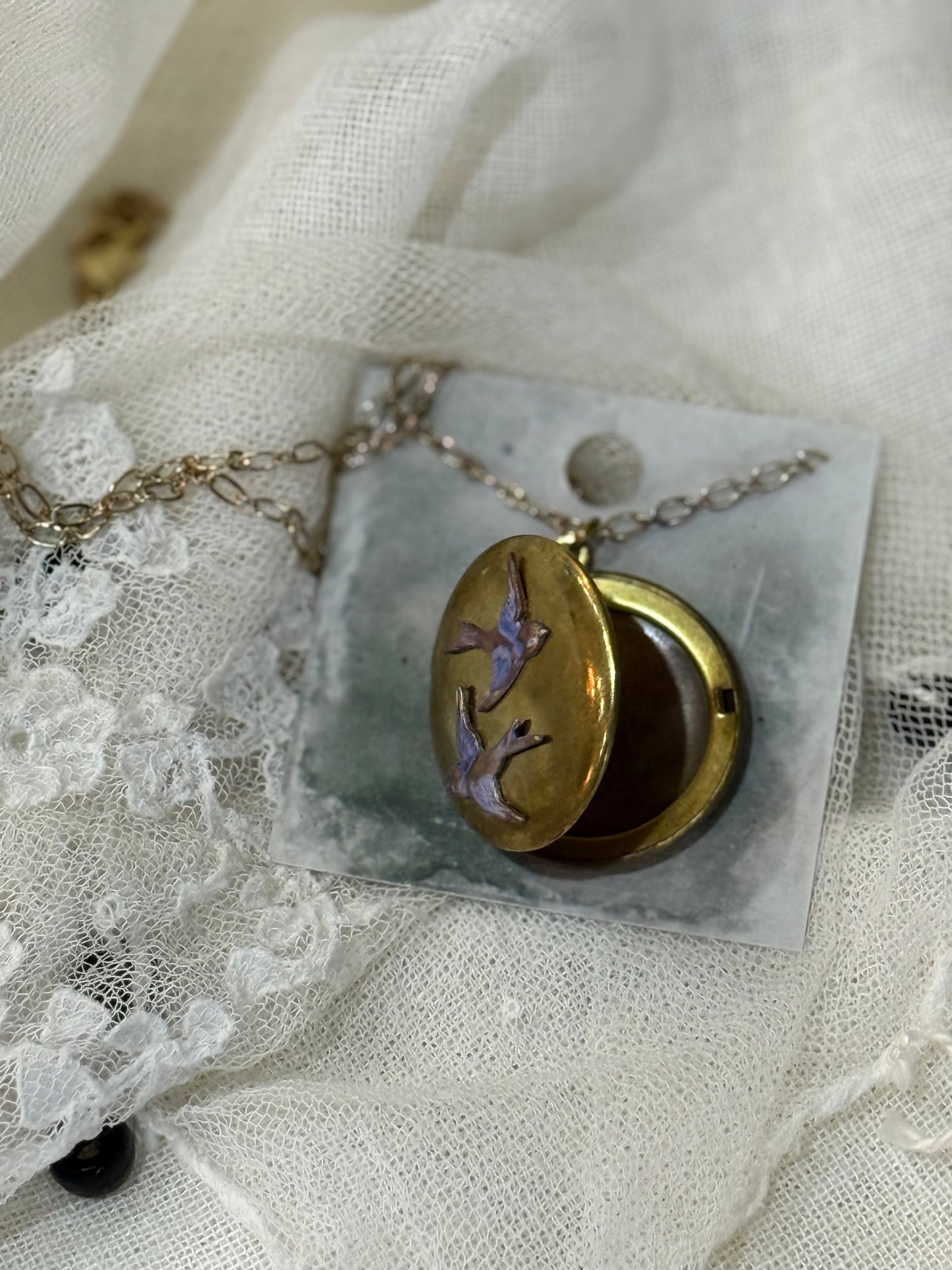Antique Style Swallow Locket - 2 bird