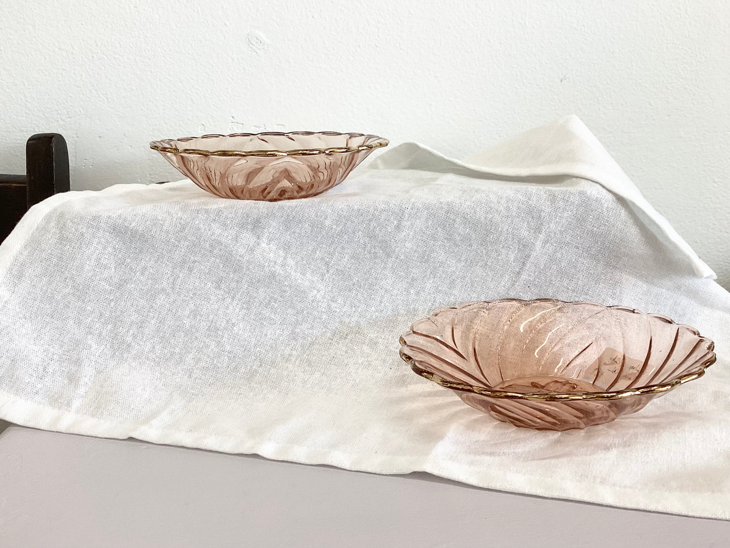 PAIR Pink Glass Dishes - gold rim