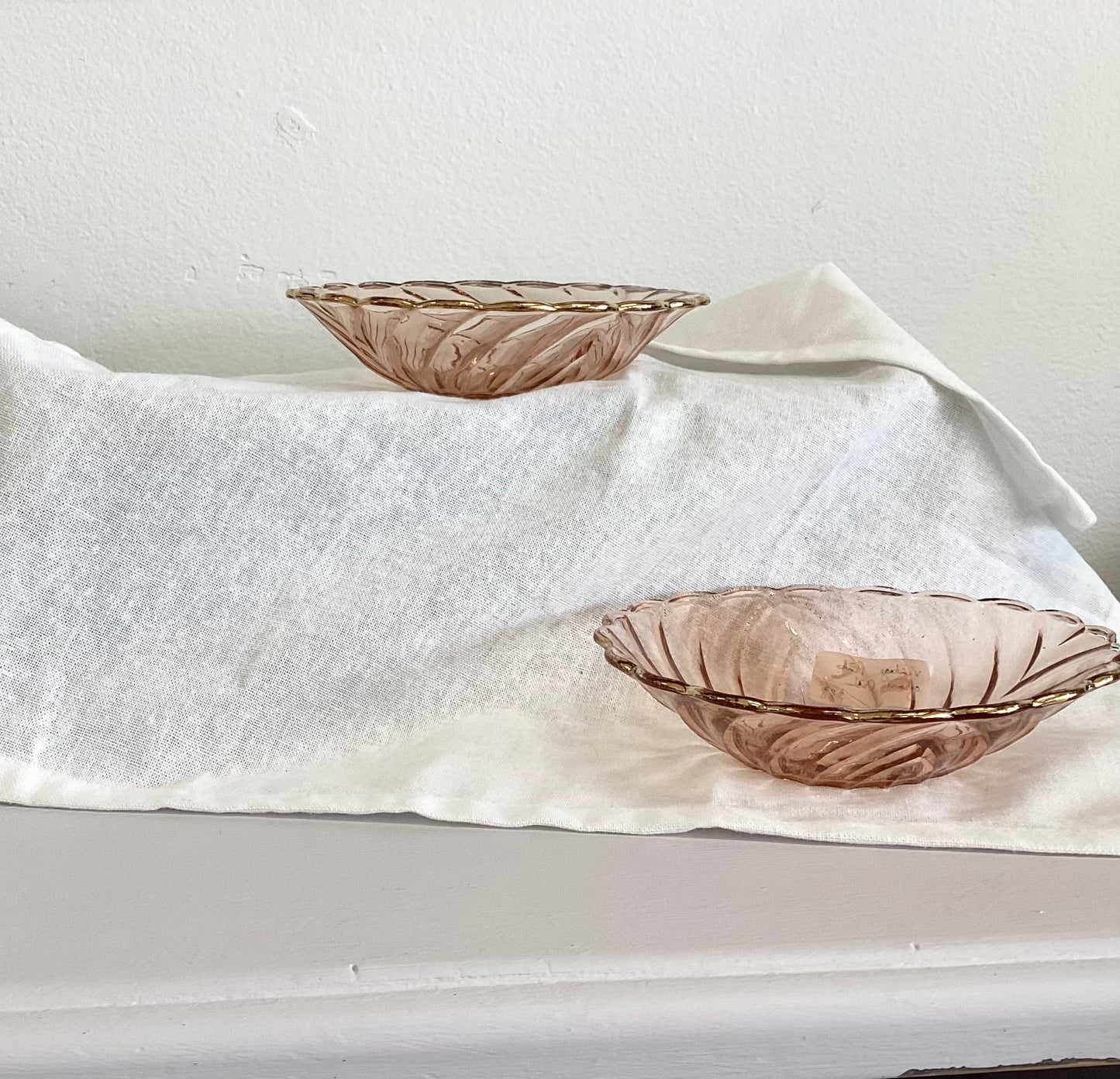 PAIR Pink Glass Dishes - gold rim