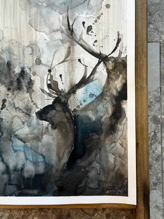 Water Colour; Forest Deer, blue - unframed - Linda Titow