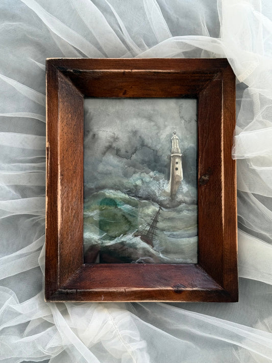 Water Colour Stormy Lighthouse and Boat - Linda Titow