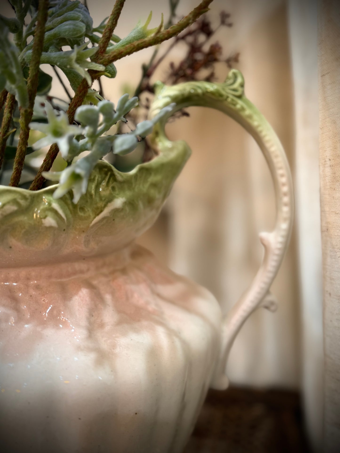 Large Antique Jug - mint green and pastel pink