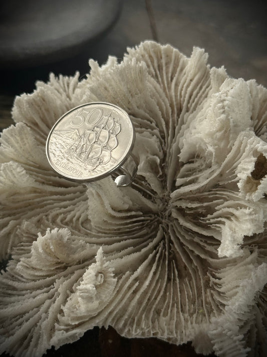 Art Jewellery - Salvaged Coin Ring - Endeavour Ship