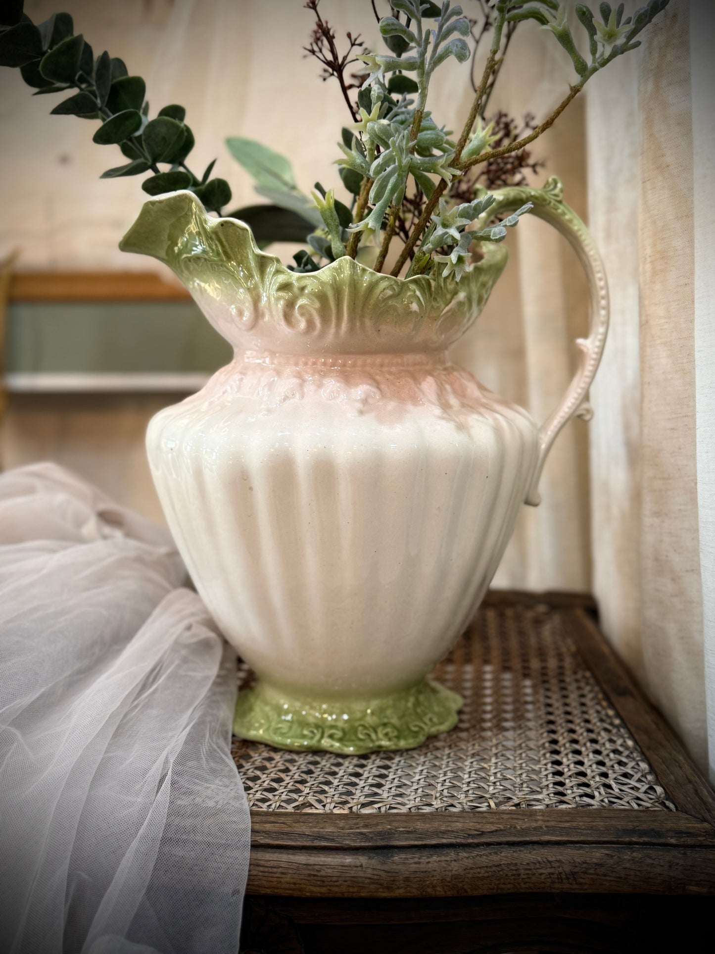Large Antique Jug - mint green and pastel pink
