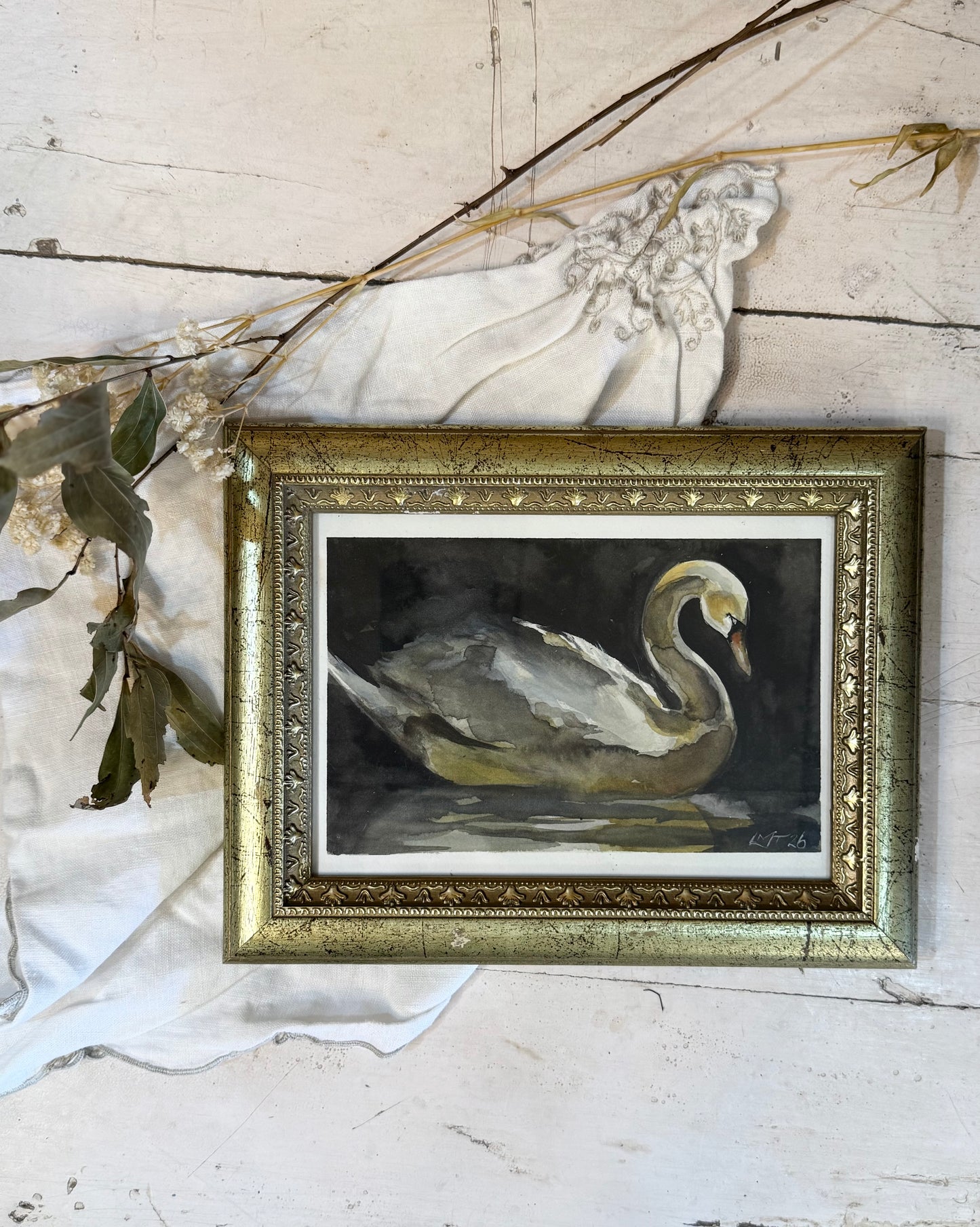 Water Colour; Night Swan - framed - Linda Titow