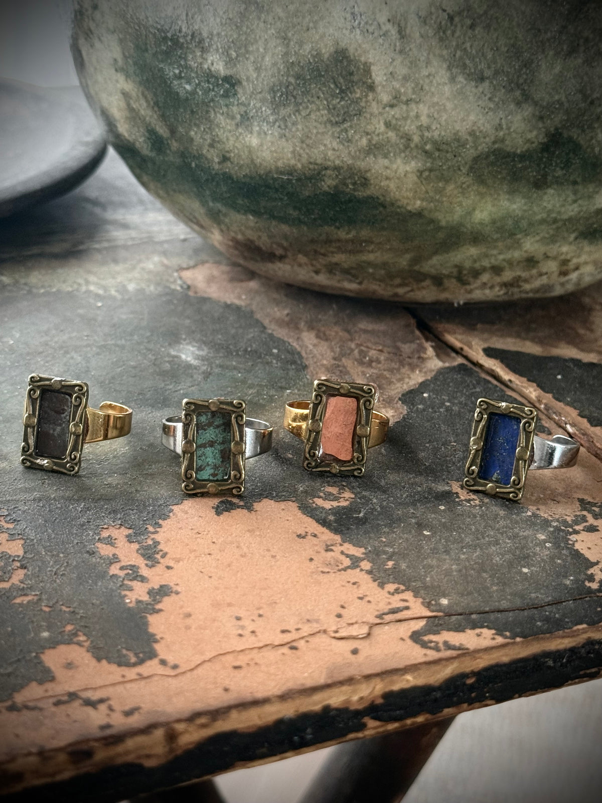Art Jewellery - Salvaged Metal Antique Frame Ring - Blue