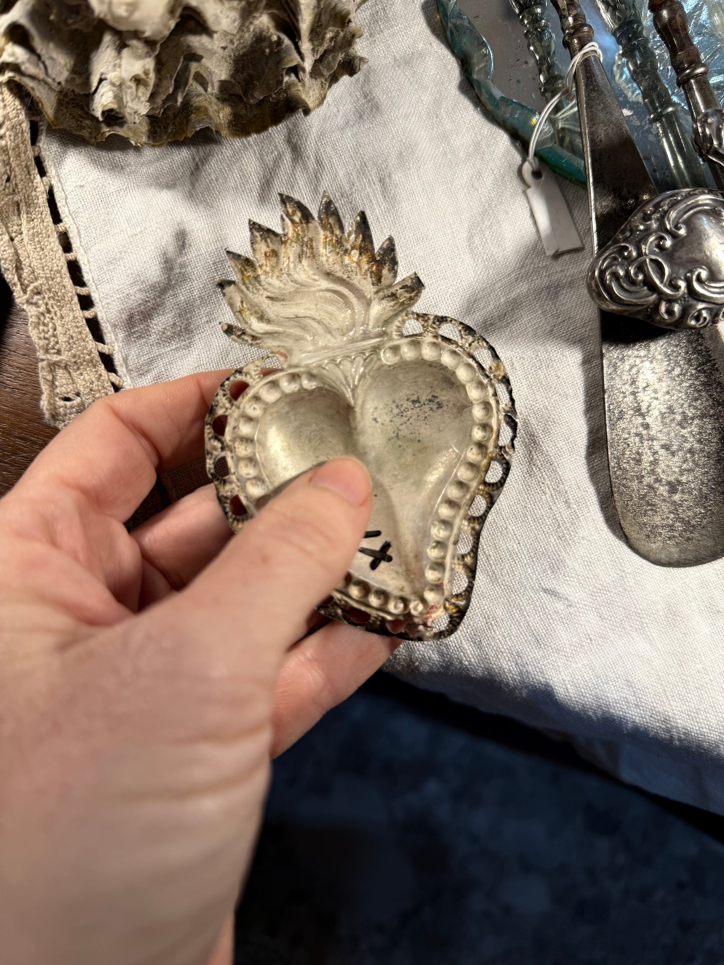 Old French Silver Sacred Heart - 2
