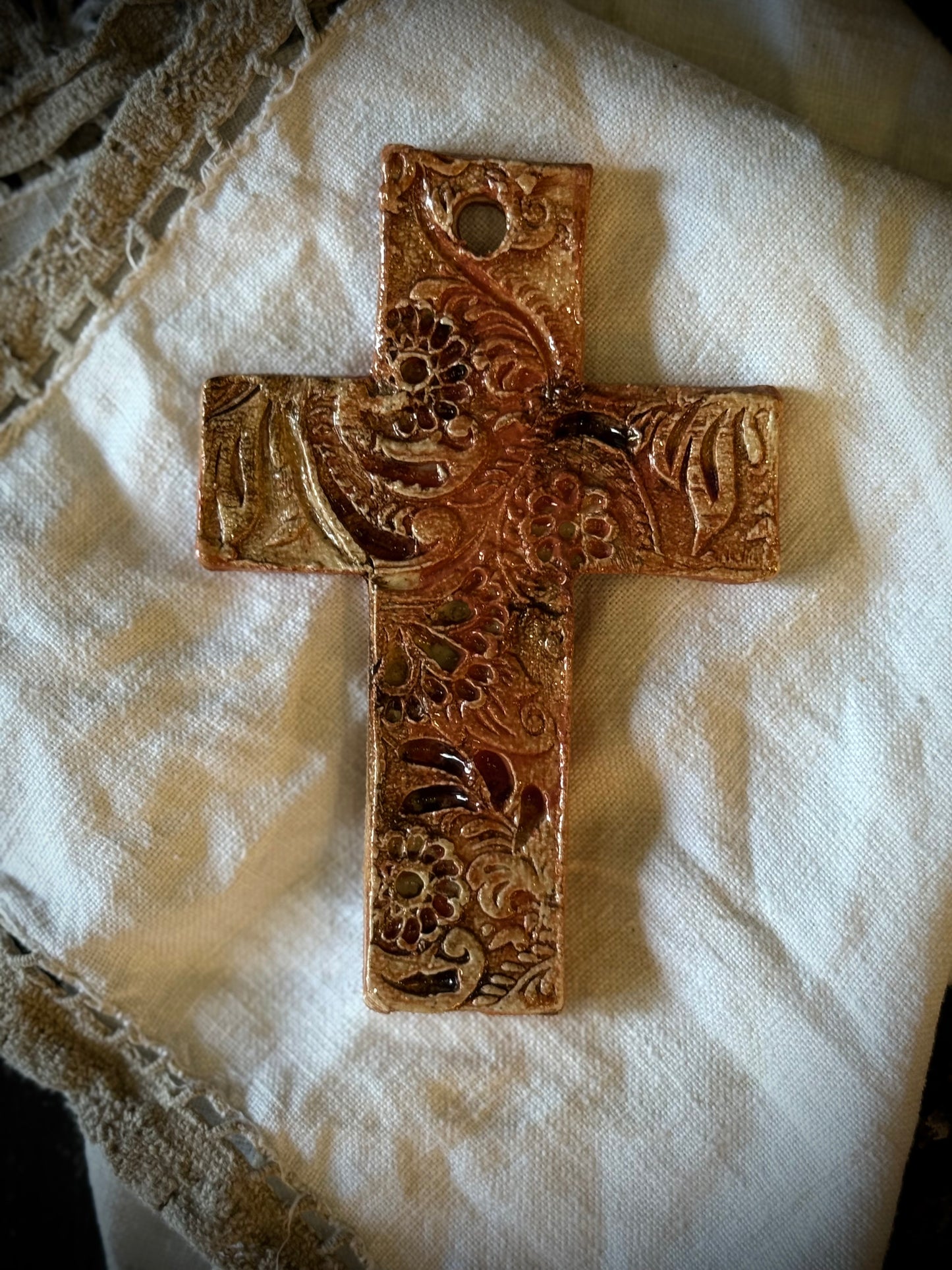 Ceramic Cross Wall Hanging by Linda Titow - Rust