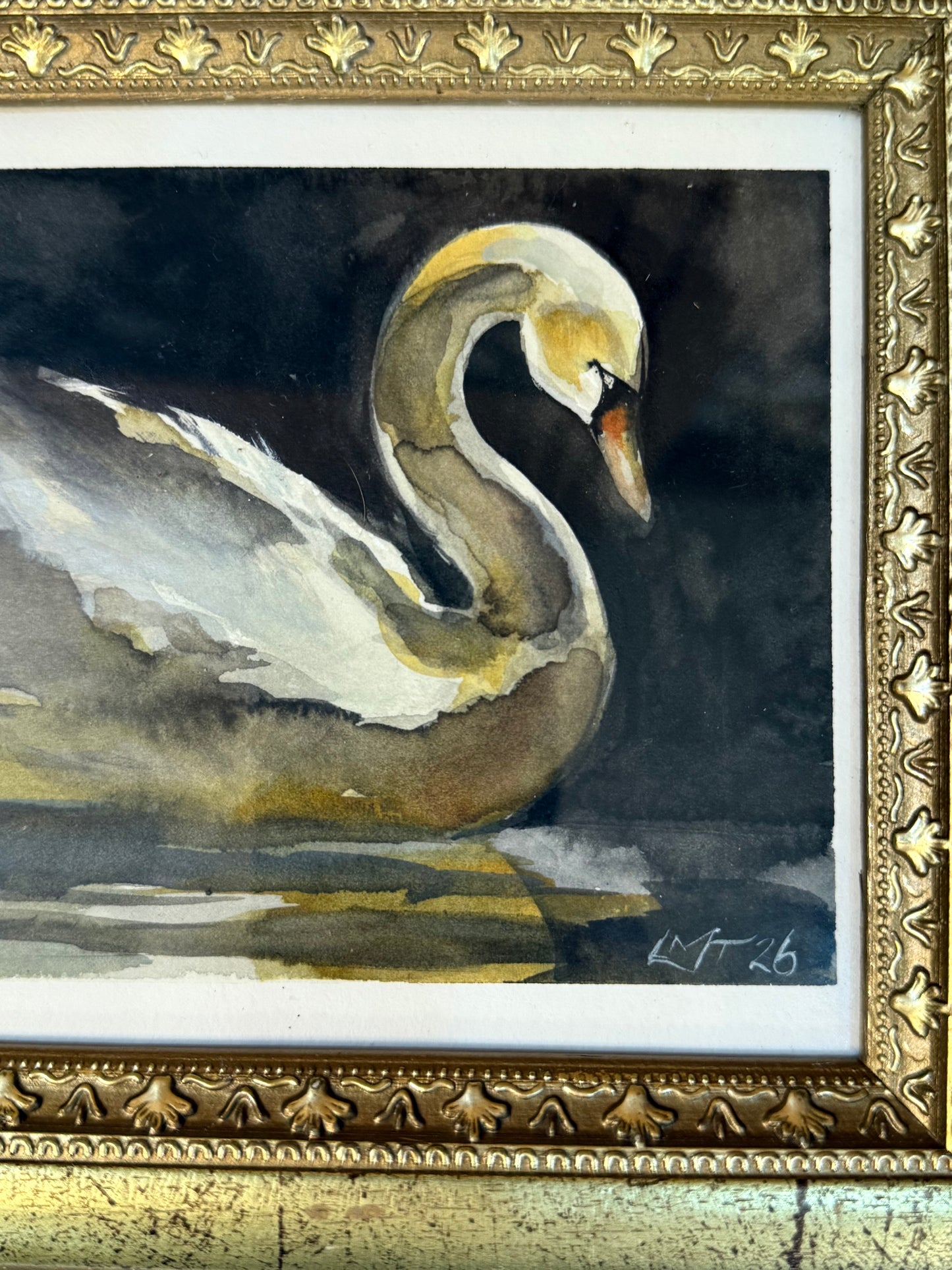 Water Colour; Night Swan - framed - Linda Titow