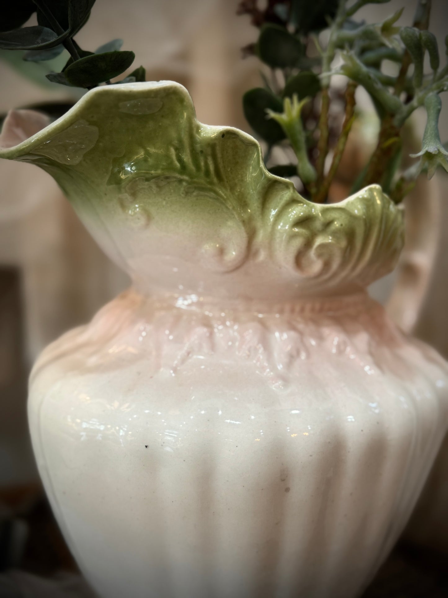 Large Antique Jug - mint green and pastel pink