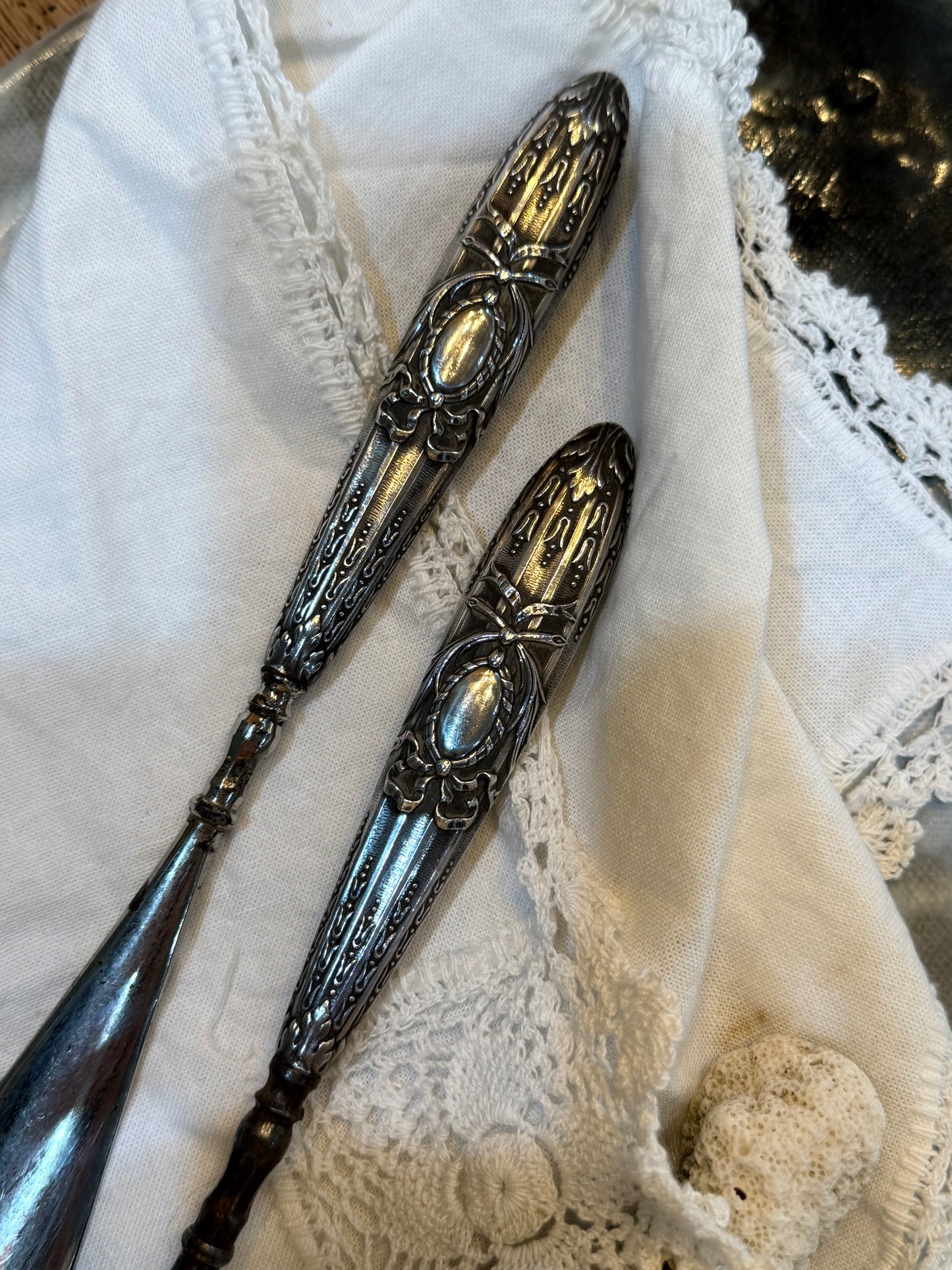 Engraved Victorian Silver Shoe Horn and Button Lace Hook - pair