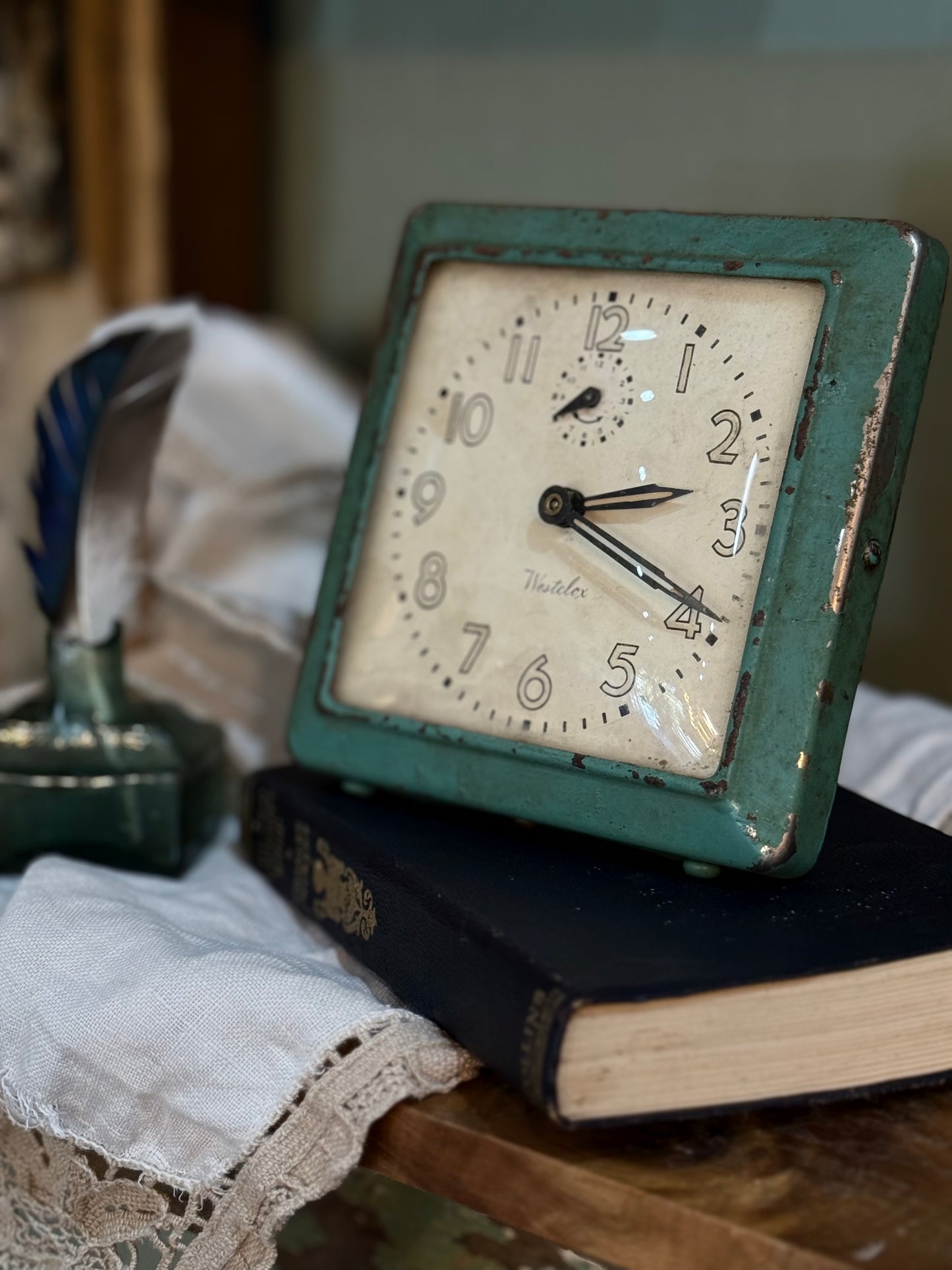 Vintage Clock  - Westclox Square Green