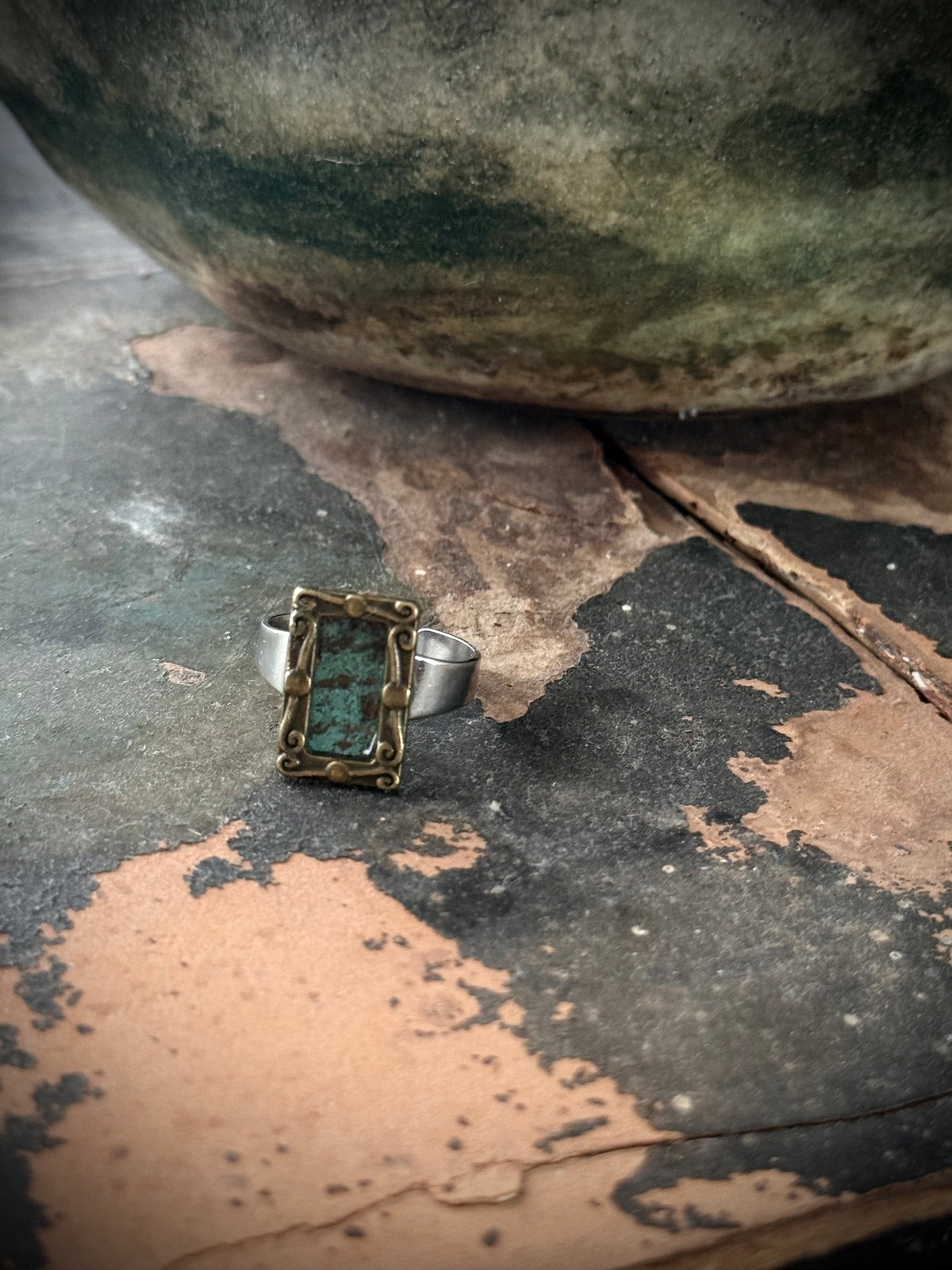 Art Jewellery - Salvaged Metal Antique Frame Ring - Green Patina