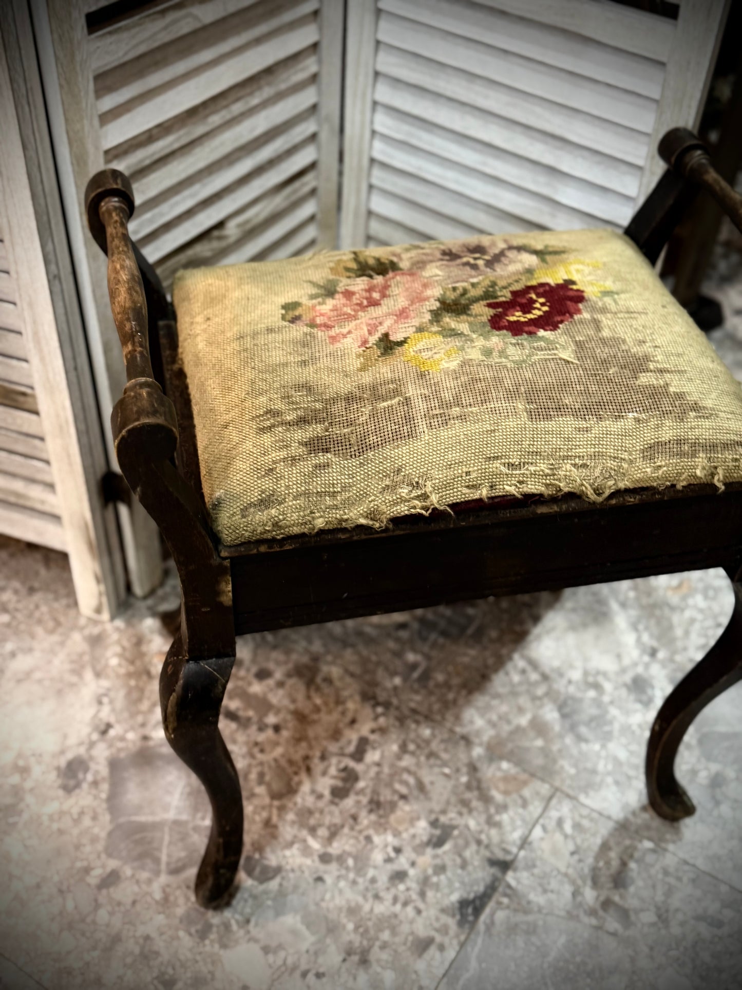 Antique Piano Stool with Tapestry