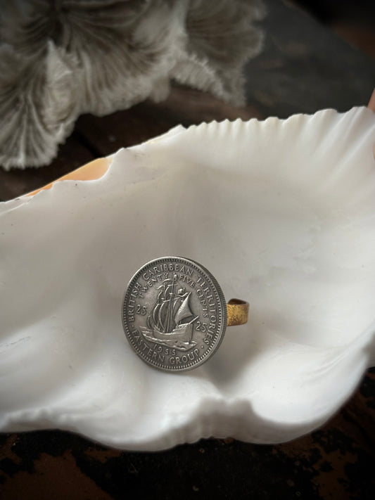 Art Jewellery - Salvaged Coin Ring - Caribbean Ship