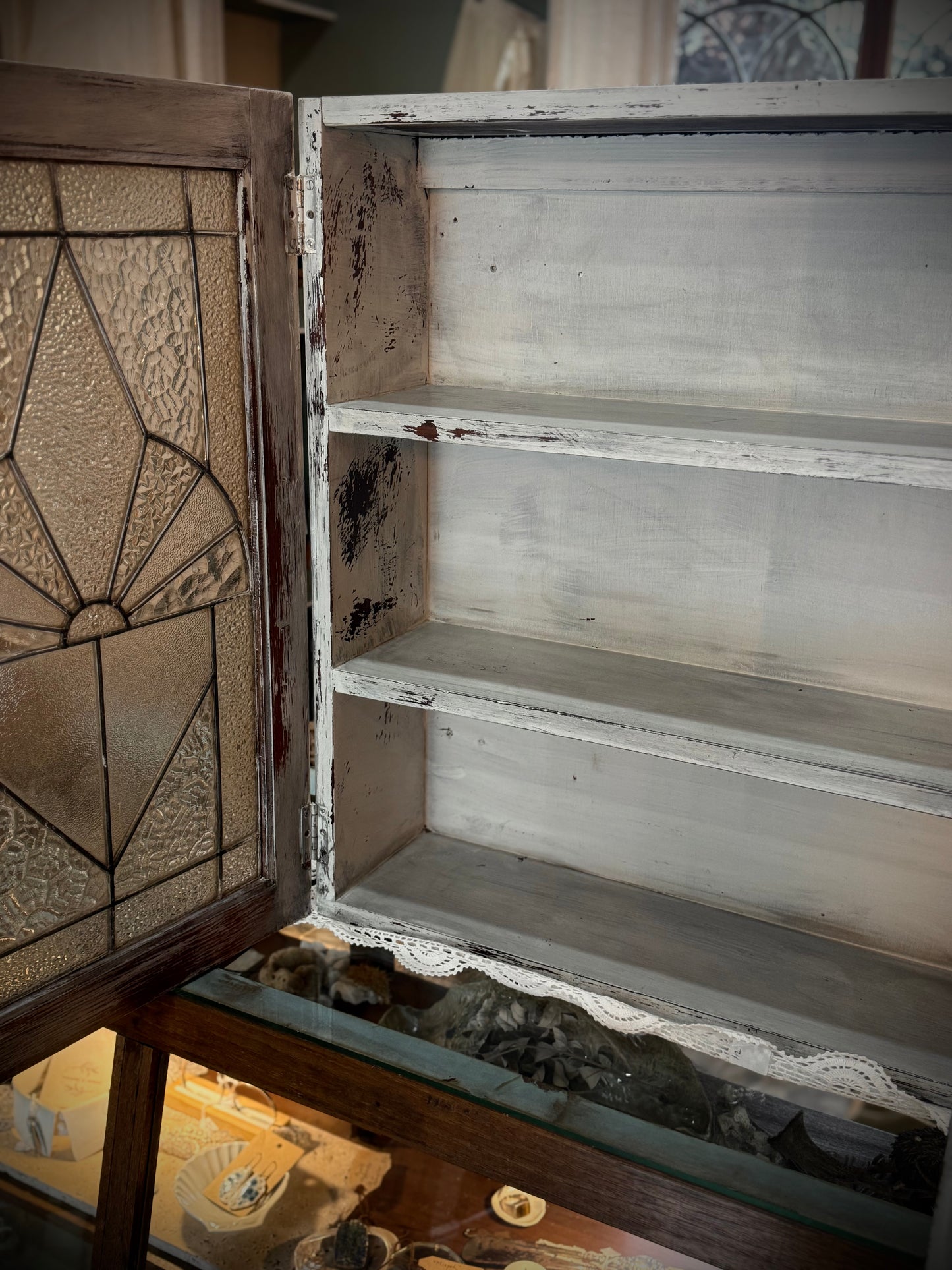 Vintage Lead-light Glass Wall Cabinet