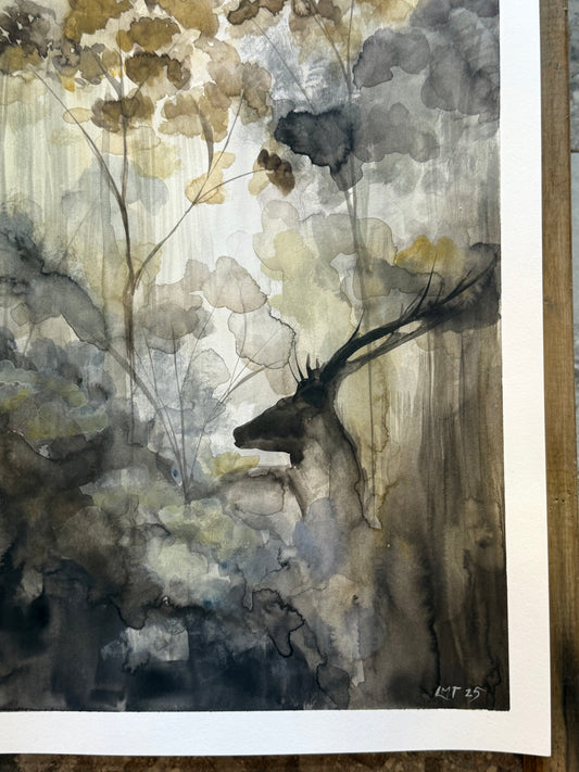 Water Colour; Forest Deer, brown - unframed - Linda Titow
