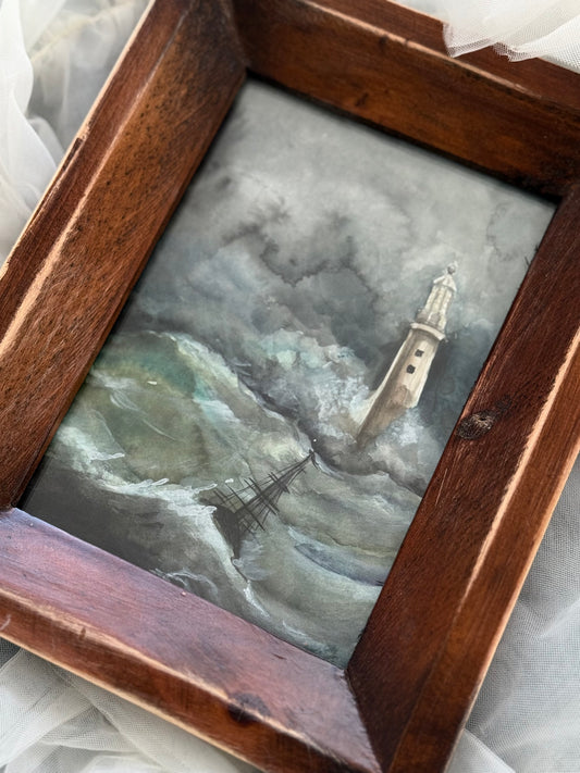 Water Colour Stormy Lighthouse and Boat - Linda Titow