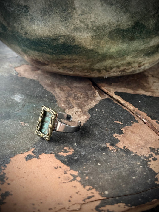 Art Jewellery - Salvaged Metal Antique Frame Ring - Green Patina