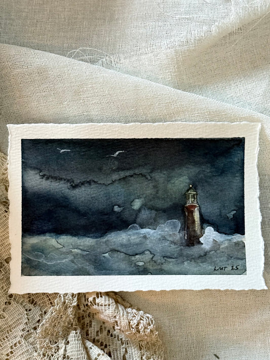Water Colour; Lighthouse at Sea - unframed - Linda Titow