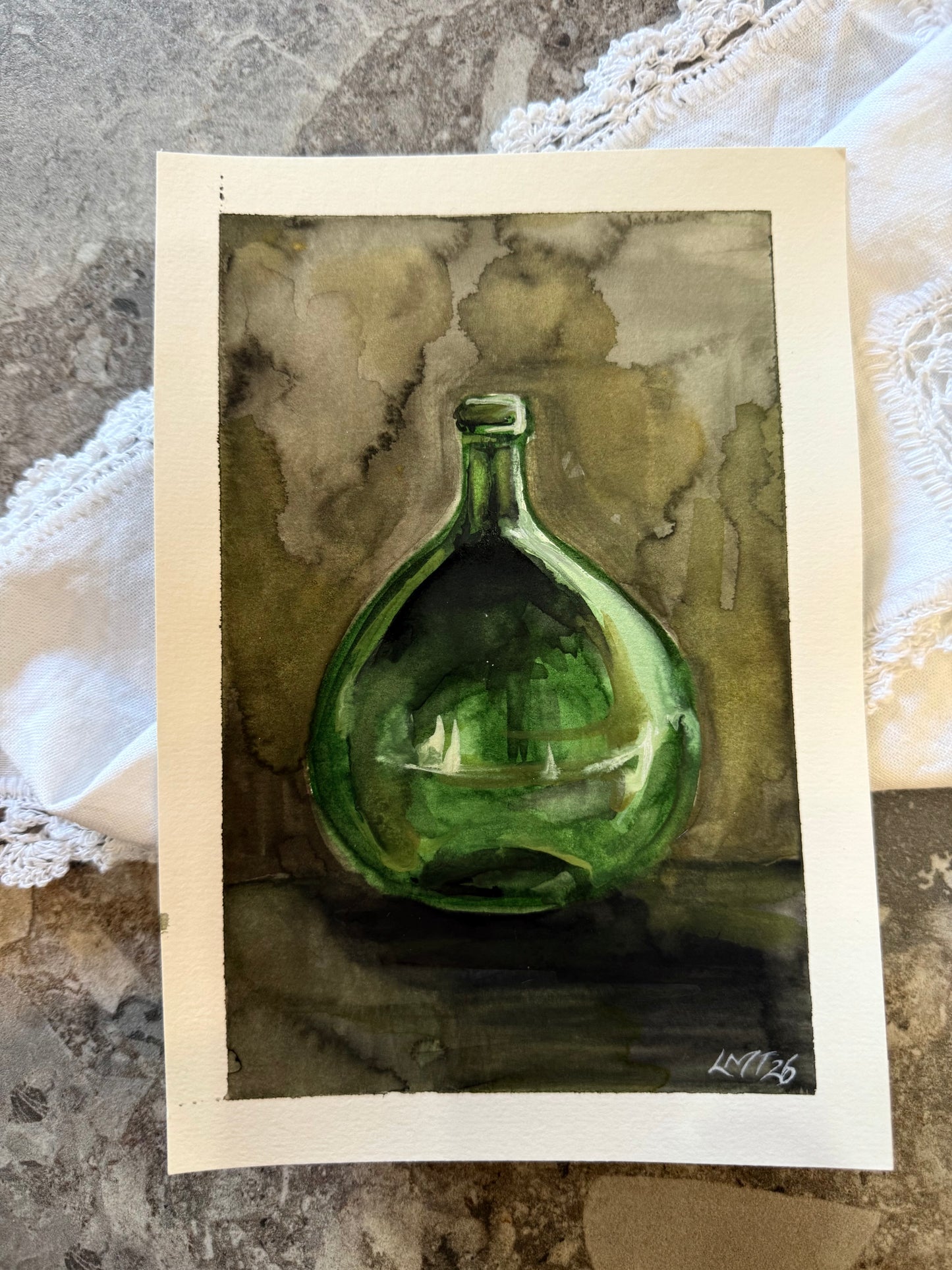 Water Colour; French Green Demijohn - unframed - Linda Titow
