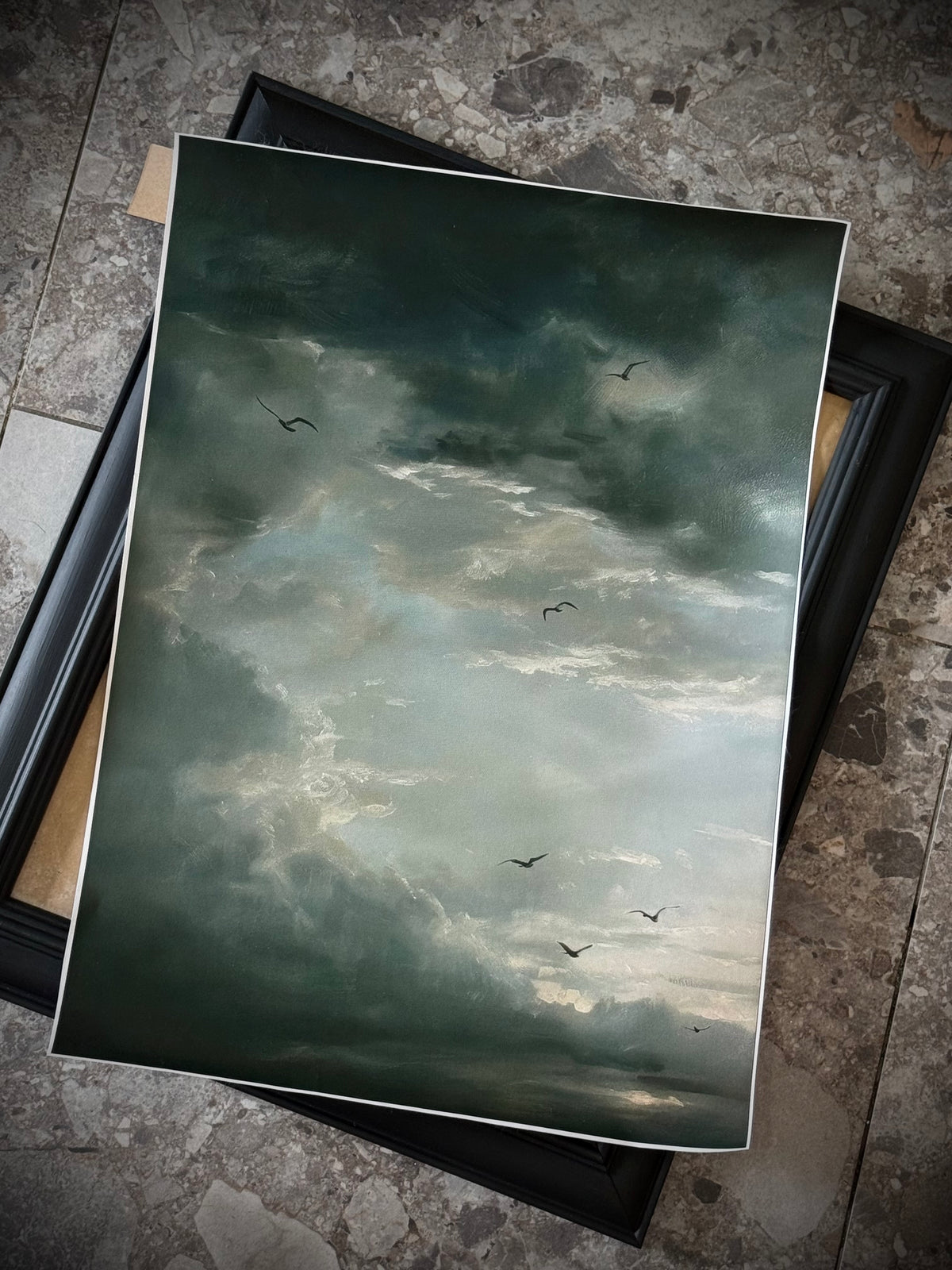 Antiqued Canvas Print - Birds in Dark Sky 35cm x 50cm