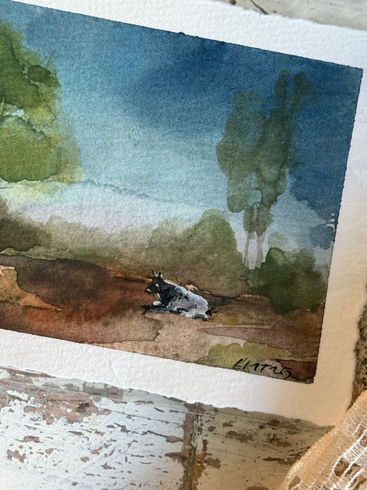 Water Colour; Resting Cow - unframed - Linda Titow