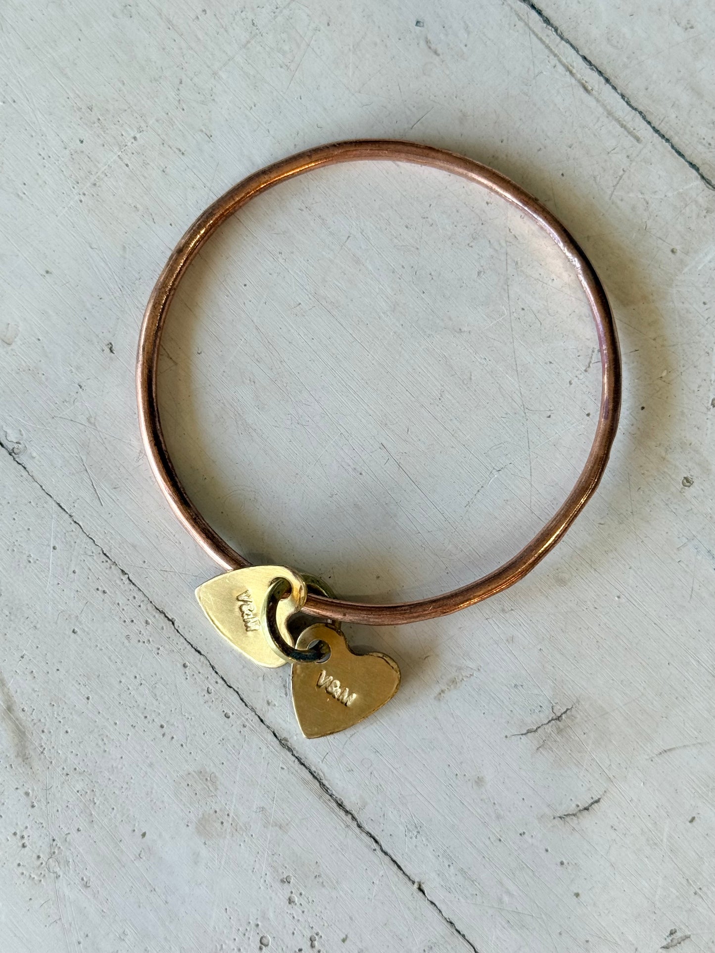 Art Jewellery - Bangle - Copper with Brass Hearts