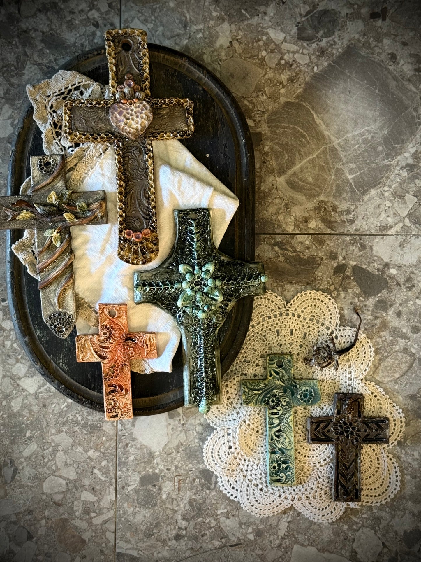 Ceramic Cross Wall Hanging by Linda Titow - Brown