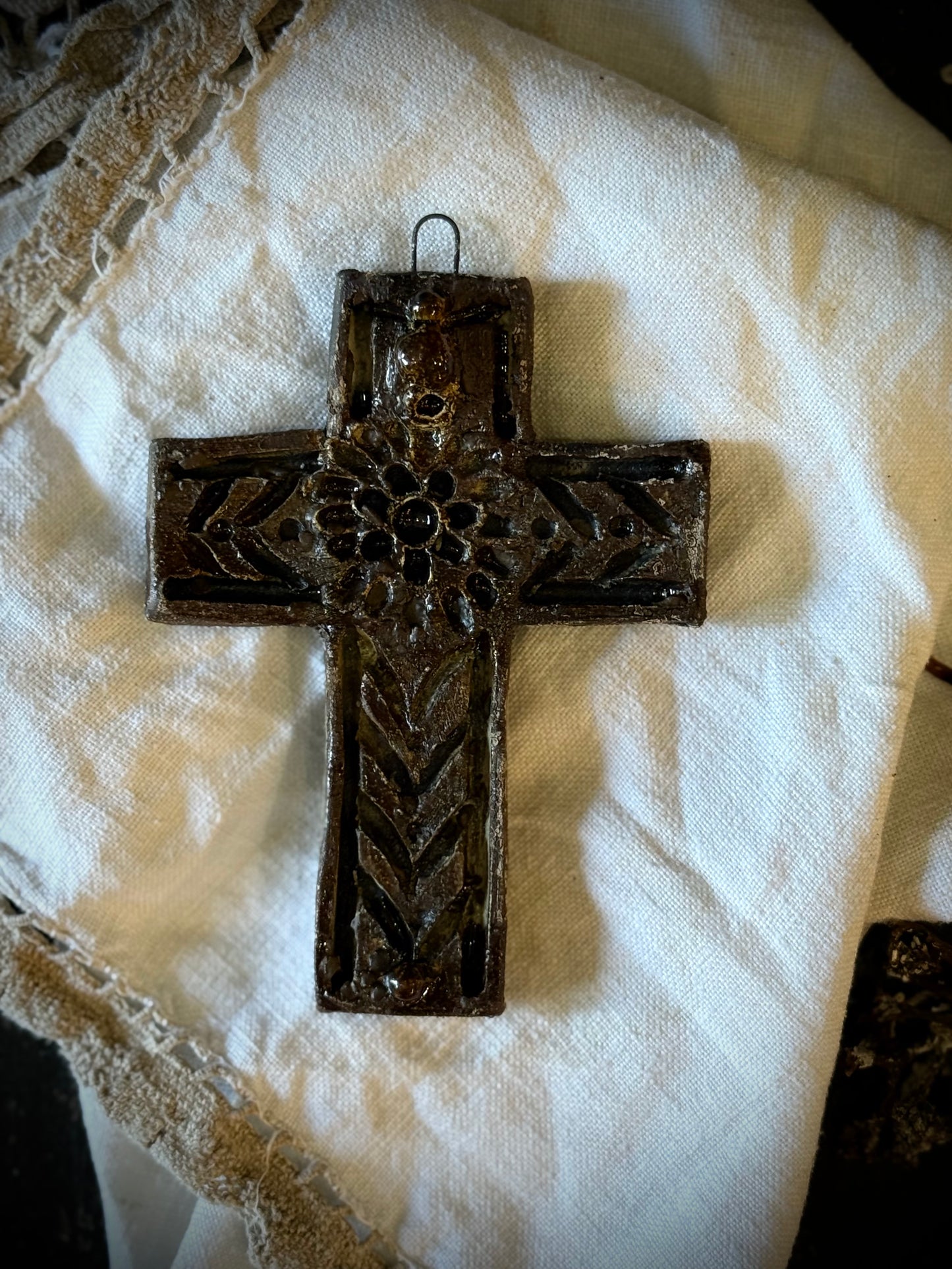Ceramic Cross Wall Hanging by Linda Titow - Brown