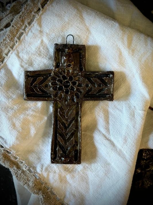 Ceramic Cross Wall Hanging by Linda Titow - Brown