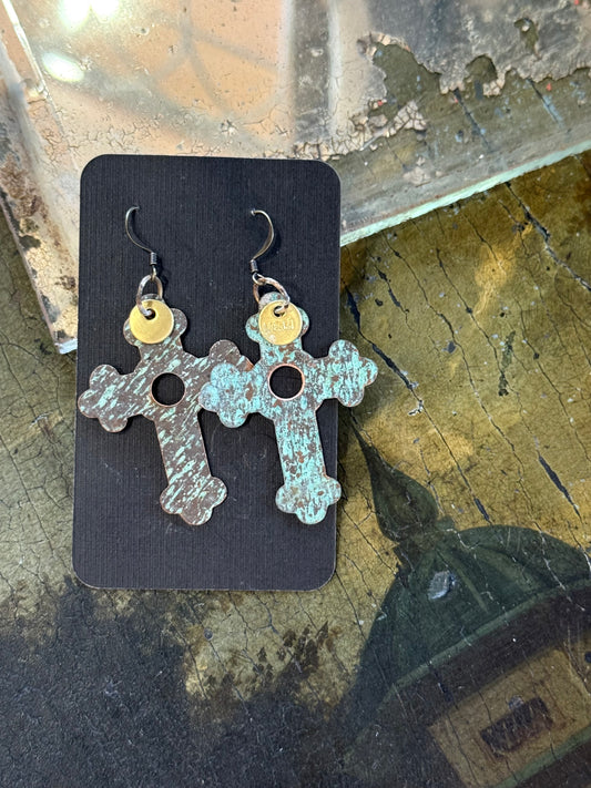 Art Jewellery - Church Roof Patina Earrings - cross