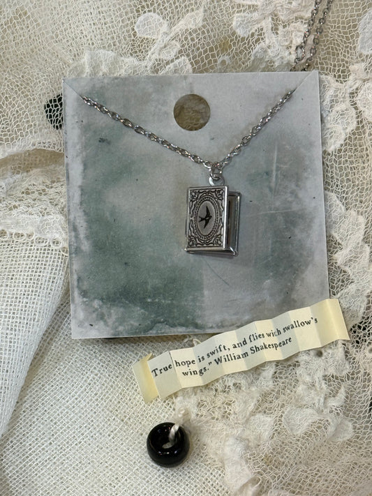 Engraved Bird Swallow Book Locket with Message - silver