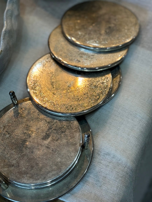 Vintage Silver Coasters with holder - set of 6